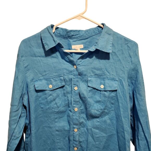 J. Jill Love 100% Linen Shirt Blue  Button Up Medium Boho Minimalist - Picture 2 of 9